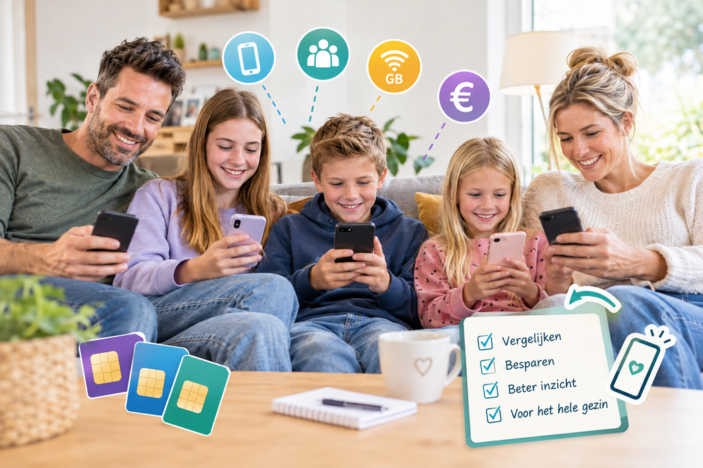 Gezin met kinderen gebruikt smartphones en vergelijkt mobiele abonnementen om te besparen op telefoonkosten.